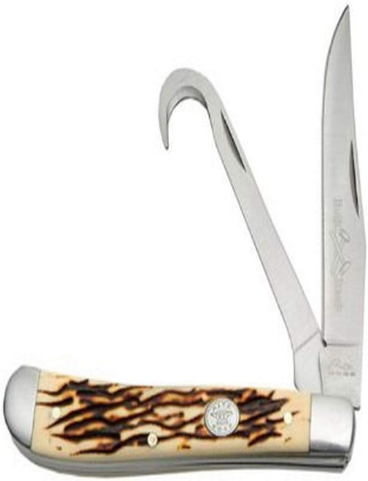 SZCO SUPPLIES 3.75" Dual Blade Hoof Knife – Stainless Steel Hook and Clip-Point Blades, Durable Bone-Style Handle, Multi-Use Folding Utility Knife for Ranch, Barn, Camping, and Outdoor Knife