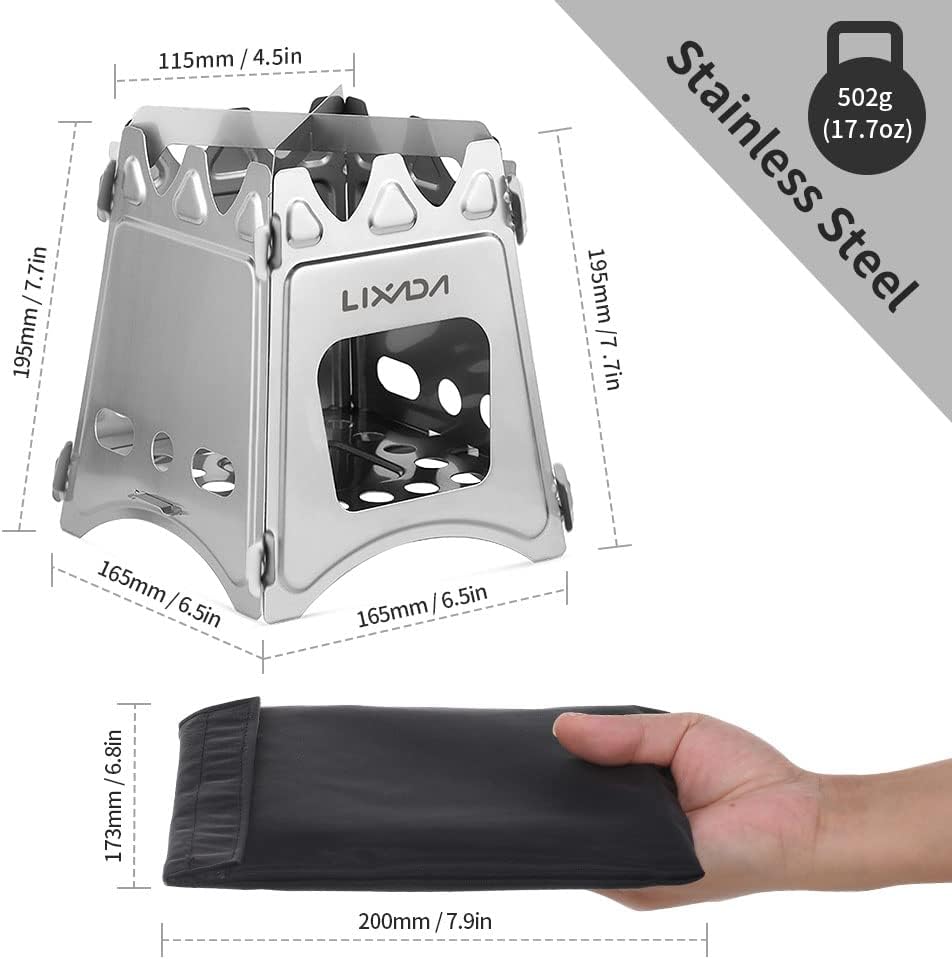 Portable Stainless Steel Camping Wood Stove - Lightweight Folding Backpacking Stove for Outdoor Cooking, Hiking, BBQ