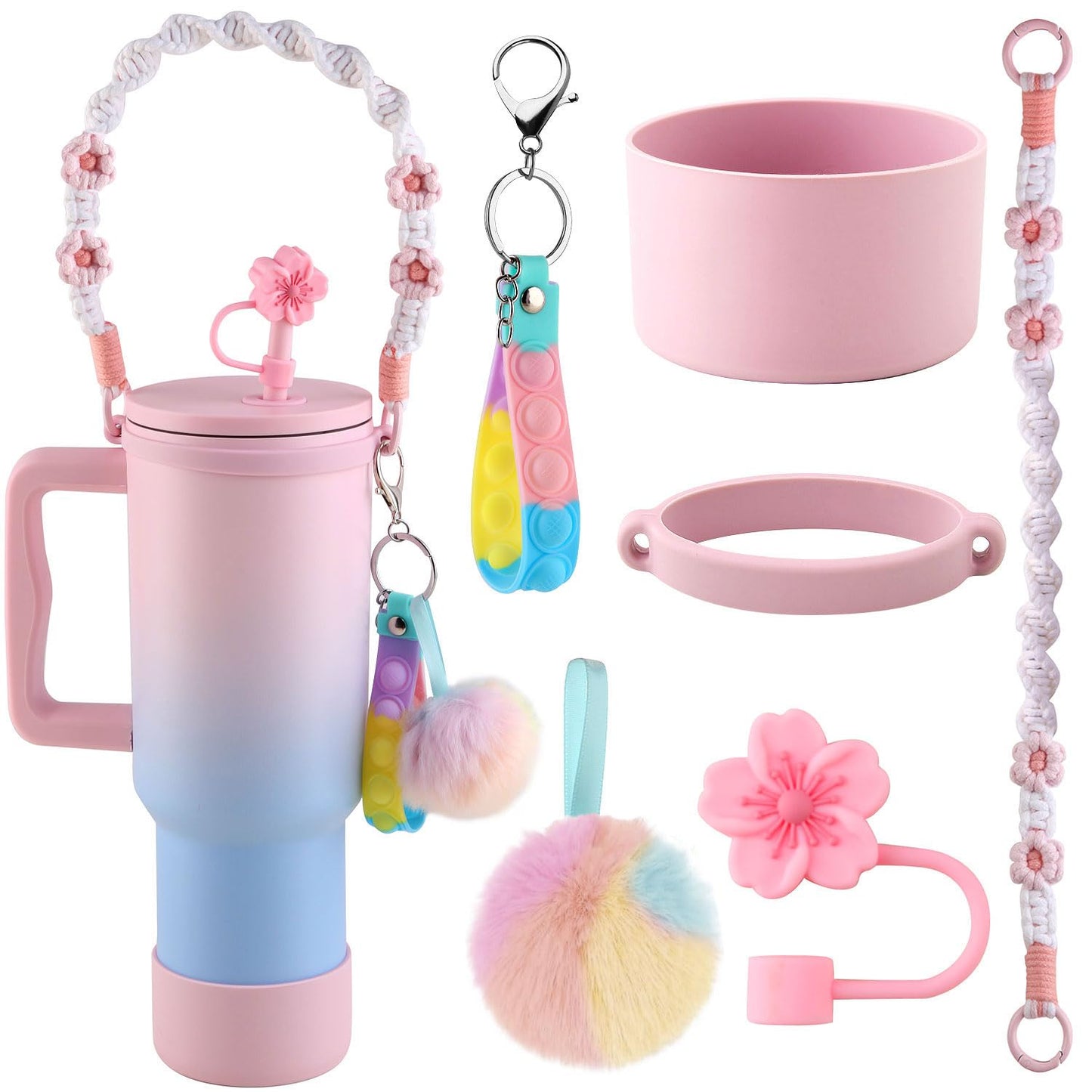 6-Pieces Stanley Cup Accessories Set, Water Bottle Handle Strap,Siliocne Stanley Cup Boot,Siliocne Straw Cover, Silicon Pressure reducing Accessories for Stanley Cup 40 30 oz Tumbler (Pink)