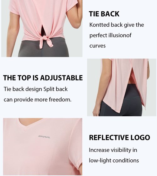 GRAMVAL Tie Back Womens T Shirts, Short Sleeves V Neck Open Back Tee Tops Athletic Workout Gym Yoga Sweatshirts Pink S