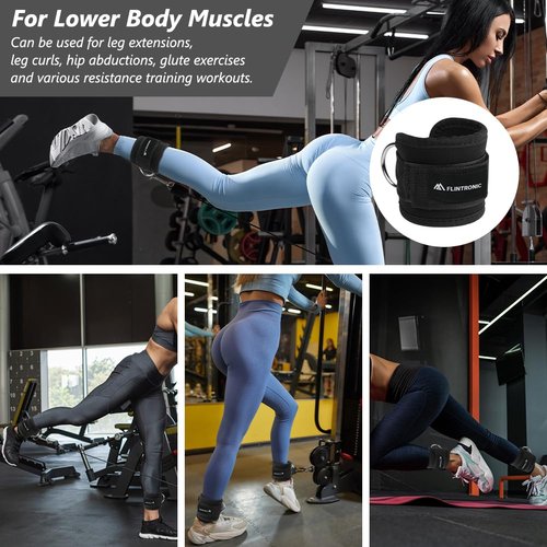flintronic Ankle Straps for Cable Machine, Gym Cuffs with Double Stainless Steel D-Ring, Gym Ankle Cuff with Adjustable Neoprene Ve-lcro, Muscle Shaping for Men and Women - Black