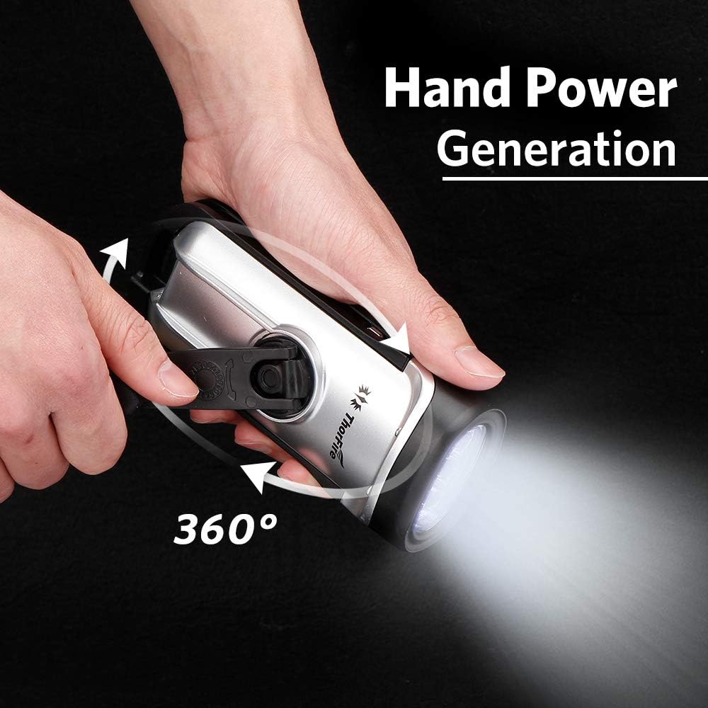 ThorFire Solar Flashlight Hand Crank Solar Powered Rechargeable Flashlight IPX6 Waterproof LED Emergency Lights Dynamo Torch Ideal for Camping Outdoor Climbing Backpack Hiking