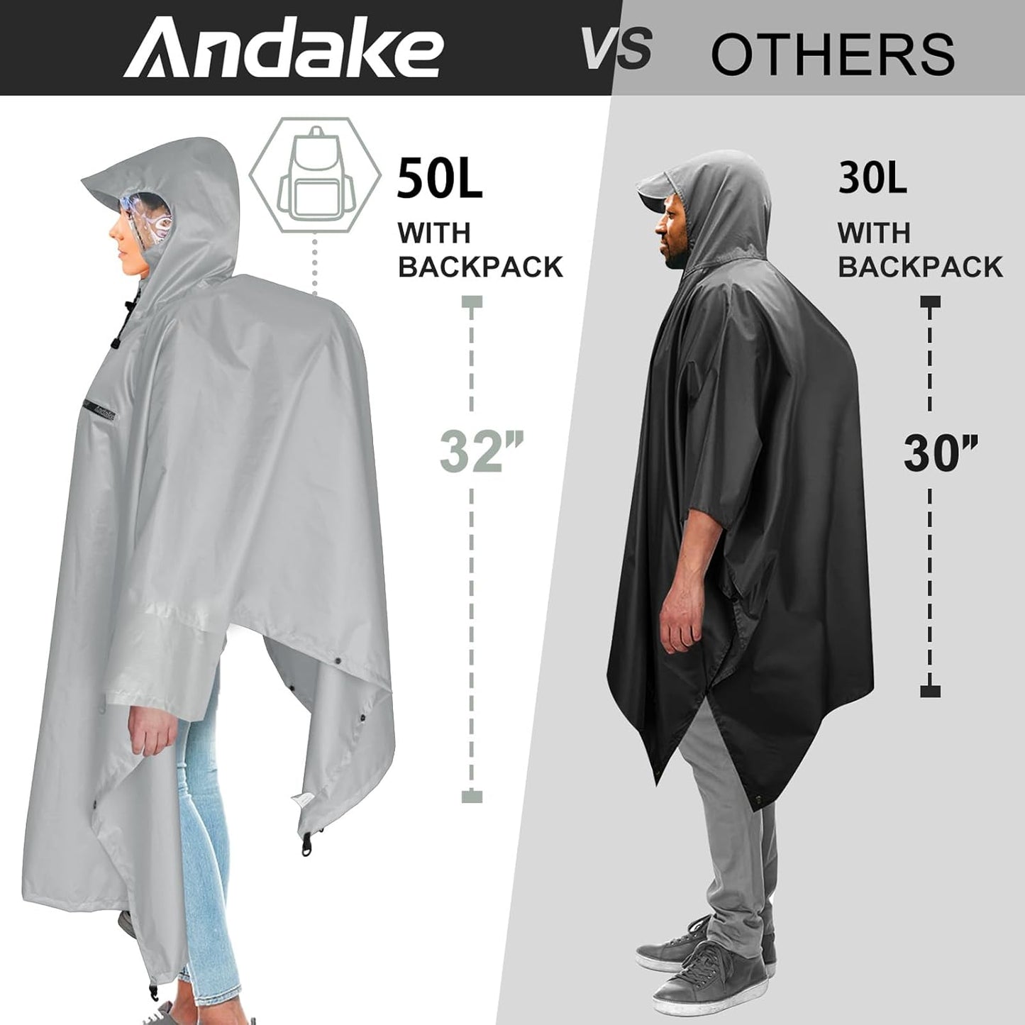 Andake Waterproof Rain Poncho for Adults Unisex,230T Ripstop Polyester,Raincoat Gear with Transparent Viewing Window Outdoors
