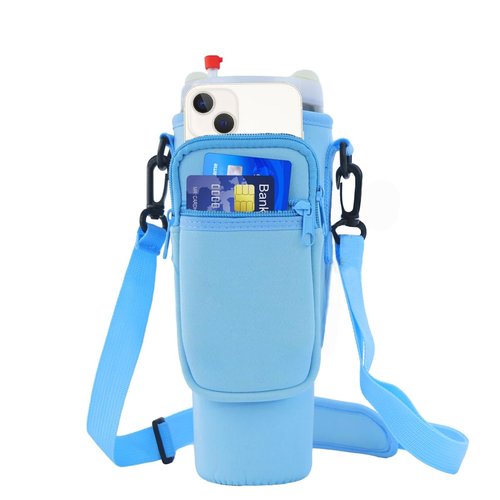 Bringsine Water Bottle Carrier Bag with Pouch Pocket for Stanley 40 Oz Tumbler with Handle, Neoprene Water Bottle Holder Pouch with Adjustable Strap and Carabiner for Stanley Cup Accessories-Blue