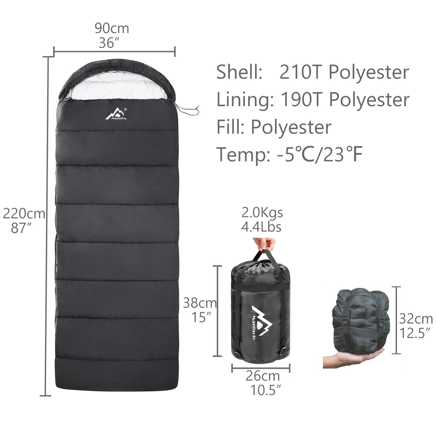 MANTUOLE Rectangular Heated Sleeping Bag, Envelope Style 5 Heated Zones, Operated with Battery or Other Power Supplies with 5V/3A Type-C Output, Battery NOT Included. Envelope-Black-Type-C.