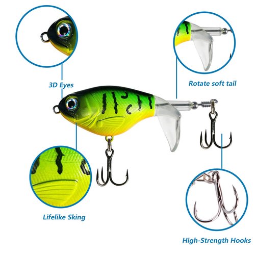 RTGSE 10Pcs Top Water Fishing Lures with Floating Rotating Tail Whopper Fishing Lure for Bass Barb Treble Hooks in Saltwater Freshwater Plopping Lures Kit