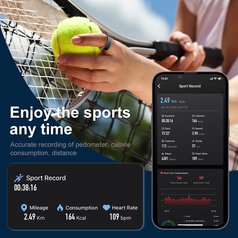 Fitness Smart Ring with 7/24 Heart Rate Monitor Pedometer Sleep Ring Waterproof Tracker Casual Sports Ring Gold Black Ring