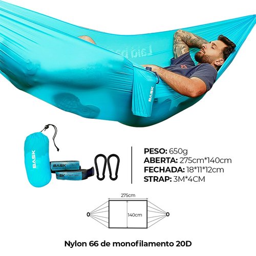 BASK Ultralight Portable Single Hammock with High Strength Straps – High Performance, Comfortable and Breathable Material 20DNylon for Camping, Backpacking,Travel,and Garden – up to 330lbs