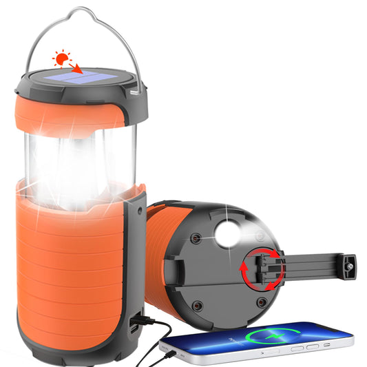 Battery Operated Camping Light Rechargeable, Manual Crank Generator/Solar Panel/USB-C Charging, 5000mAh Power Bank Foldable LED Tent Light, Power Outage, Outdoor Emergency Survival Essentials (Orange)