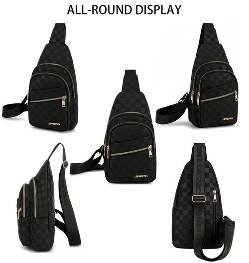 OANEXX Chest Sling Bag Women Crossbody Shoulder Sling Backpack Checkered Chest Fanny Daypack Adjustable (Black-1)