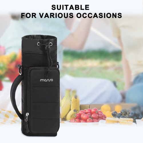 MOSISO Puffy Water Bottle Holder, 32oz / 40oz Insulated Water Bottle Carrier Bag with Strap, 2 Pockets Water Bottle Sling Bag with Handle for Walking, Hiking, Camping, Traveling, Black