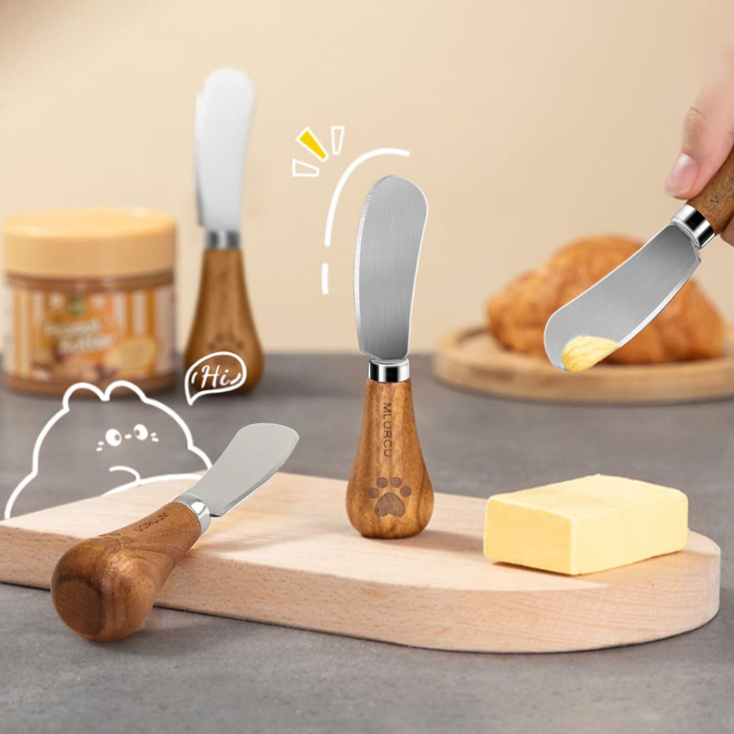 Mlurcu Stainless Steel Vertical Knife Set, 4 PCS Acacia Wood Handle Charcuterie Accessories for Butter, Cheese, Fruit, Jam, Ideal Kitchen Baking and Party Picnics Gifts