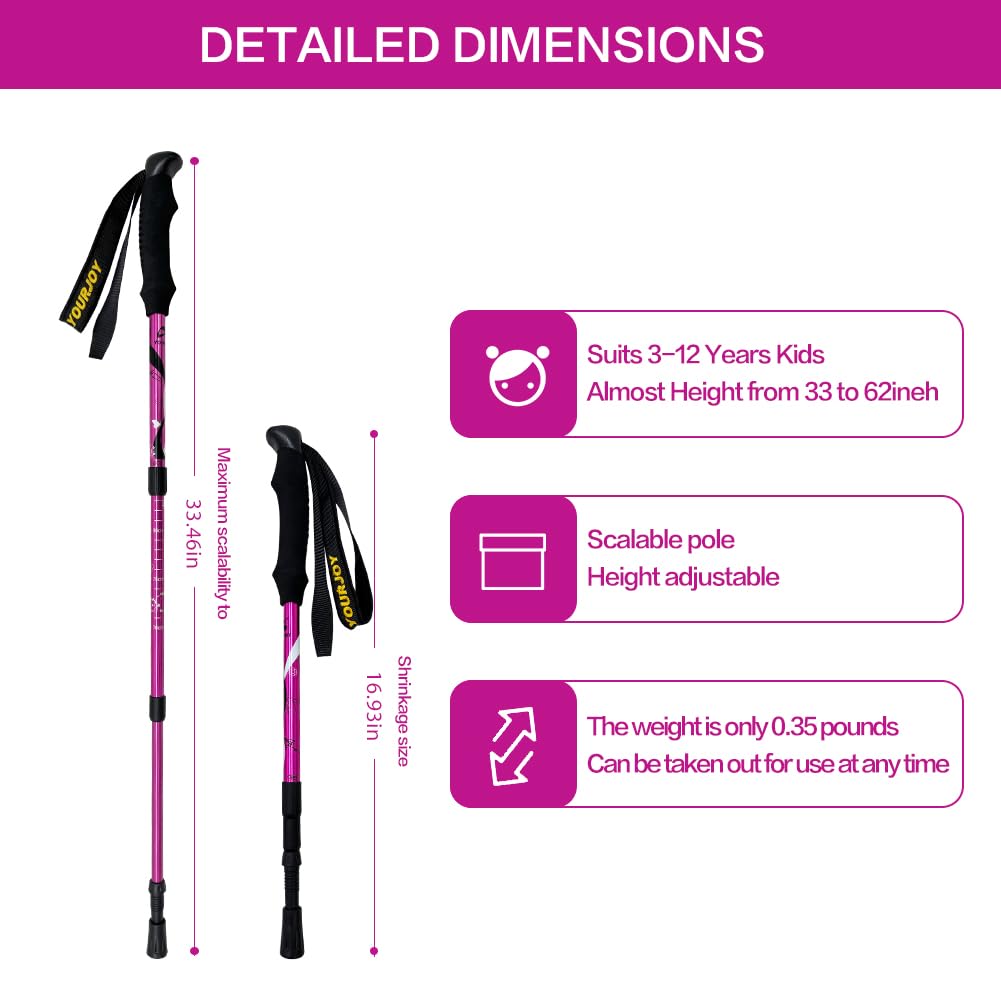 Yourjoy Hiking Trekking Poles, 2 Pack Anti Shock, Adjustable, Collapsible Hiking Poles for Trekking or Walking, Lightweight Aluminum Sticks for Children (Child-Pink)