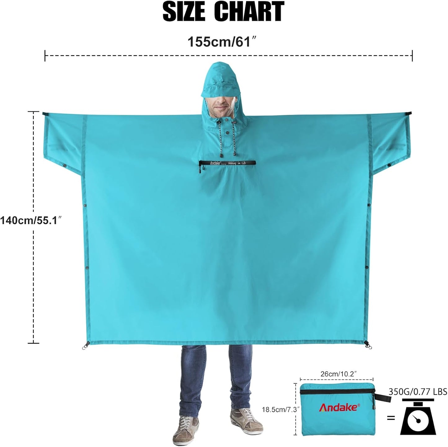 Andake Waterproof Rain Poncho for Adults Unisex,230T Ripstop Polyester,Raincoat Gear with Transparent Viewing Window Outdoors