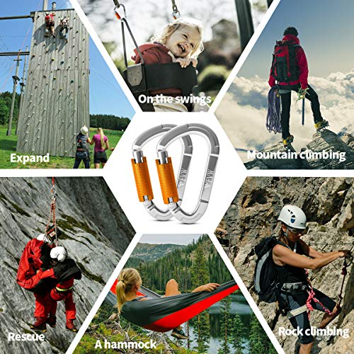 Auto Locking Rock Climbing Carabiner Clips - Silver 2 Pack Heavy Duty 25KN 5620 lbs
