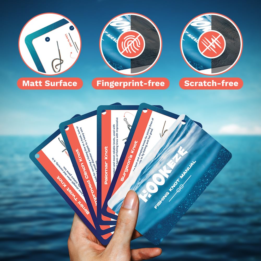 HOOK-EZE Fishing Knot Tying Cards, Waterproof Pocket Guide to 12 Essential Knots with Zinger Retractor, Fishing Gifts Gear Accessories for Men & Cool Gadgets Stuff Suppliers Tool for Beginner (Blue)