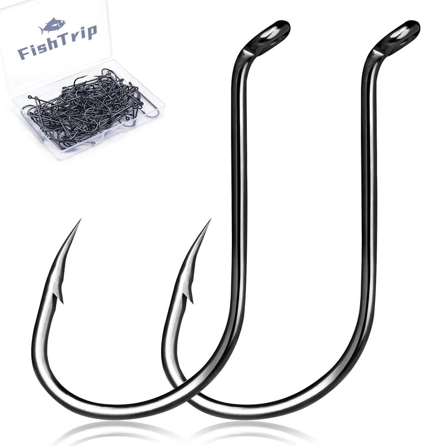 FishTrip Octopus Hooks Fishing Saltwater - 100pcs Offset Beak Fish Hooks/Closed Eye/Barded/Black for Fishing Rigs Bass Catfish 2/0