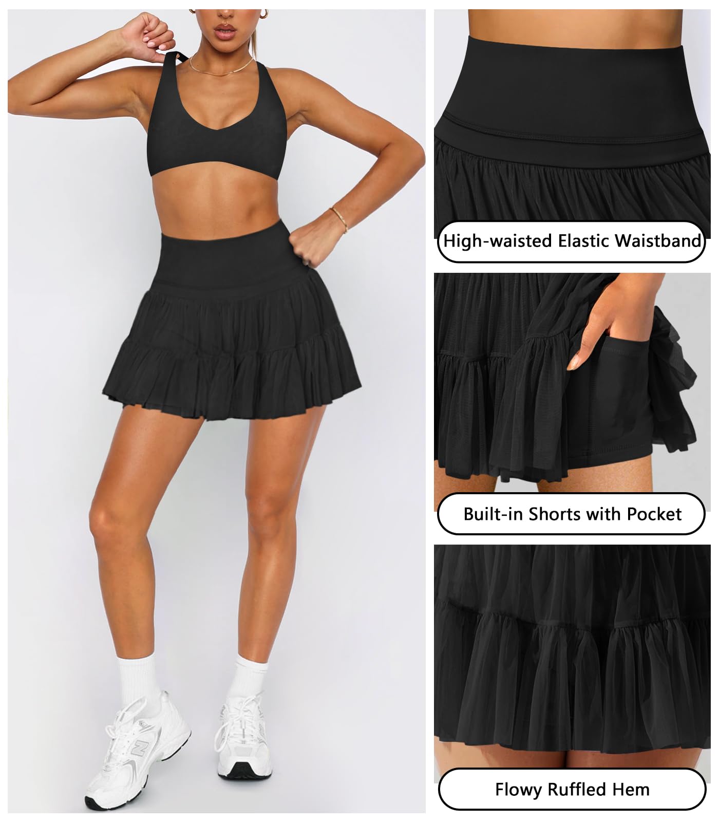 Hragc Women's Mini Black Skirt Skort Flowy Pleated High Waisted Ruffle Medium Tennis Skirts for Women Athletic Skater Golf with Shorts Pockets
