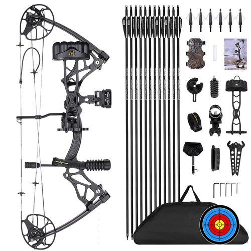 PANDARUS Compound Bow Package for Adults and Teens, 0-70 Lbs Draw Weight Limbs Made in USA,Lightweight Design，with Archery Hunting Equipment, Limited Life-time Warranty(Black Right Handed Pro)