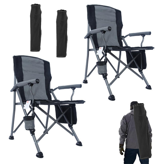 Homcosan Portable Camping Chair Folding Quad Outdoor Large Heavy Duty Support 330 lbs Thicken 600D Oxford with Padded Armrests, Storage Bag, Beverage Holder, Carry Bag for Outside(Grey, 2Pack)