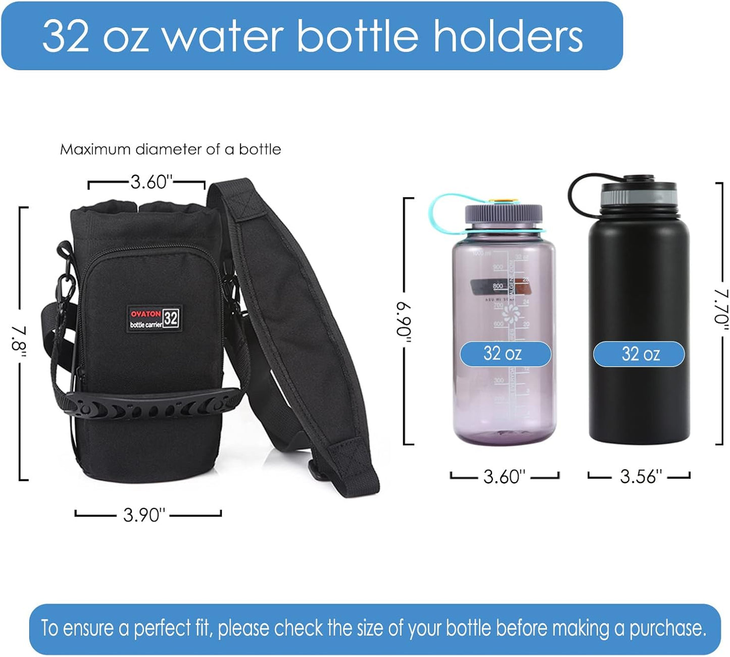 32 oz - 64 oz Black Neoprene Bottle Holder with Strap and Pocket for Walking, Travel and Hiking