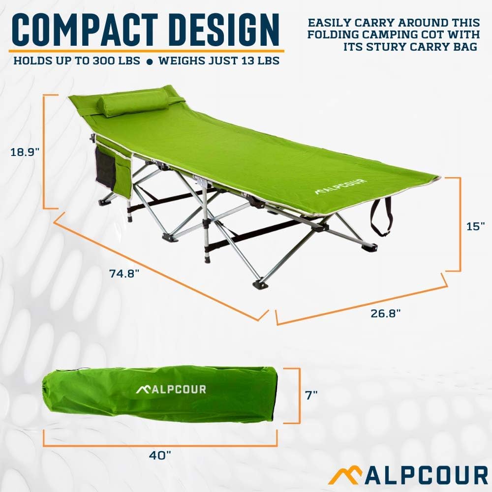 Alpcour Folding Camping Cot – Deluxe Collapsible Single Person Bed in a Bag w/Pillow for Indoor & Outdoor Use – Ultra Lightweight, Comfortable, Heavy Duty Design Holds Adults & Kids Up to 300 Lbs