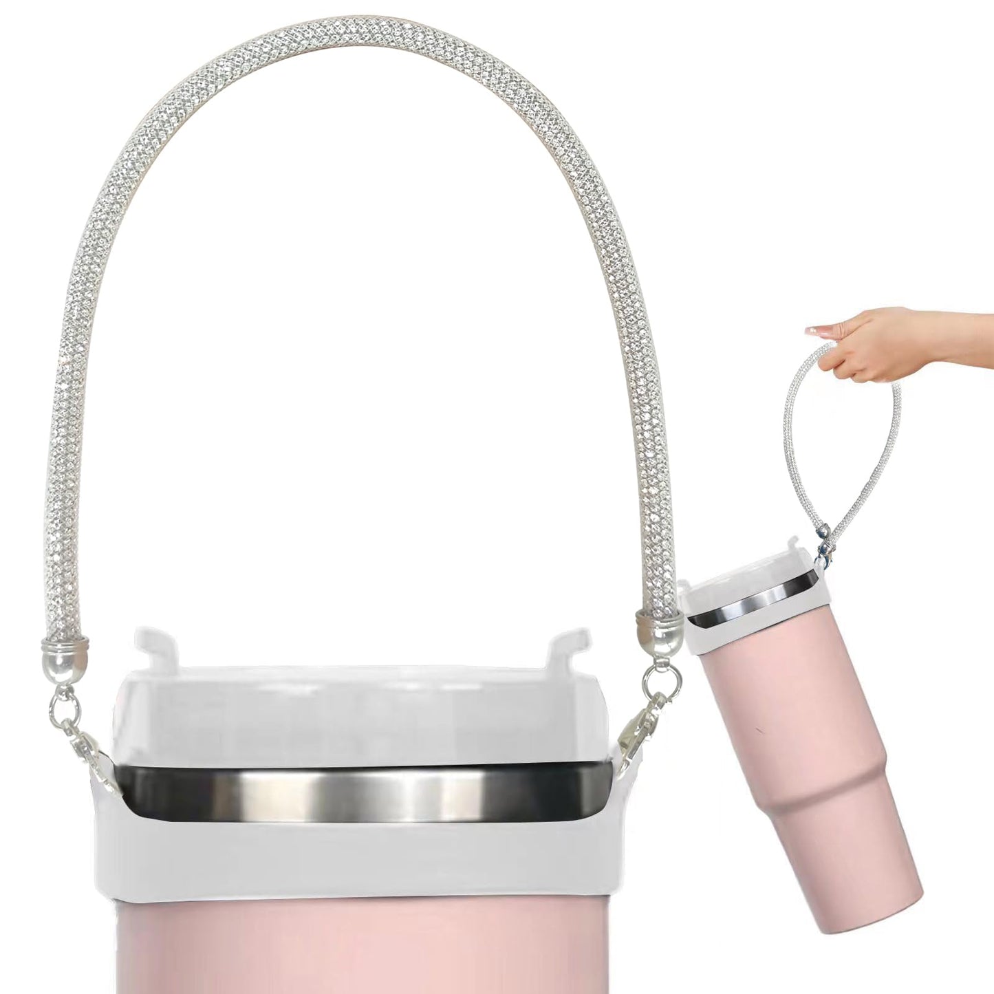 Glitter Handle for Stanley Cup Accessories - Diamond Stanley Tumbler Carrier with Strap Bling Water Bottle Handle Strap(Slim Sliver with net)