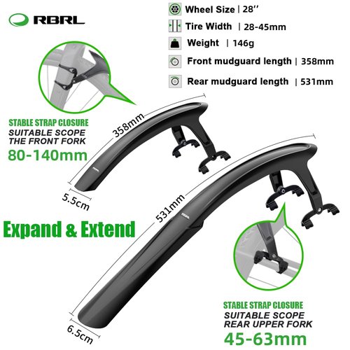 RBRL Bike Fender Set, Quick Release Bike fenders for Gravel and Road Bike, Adjustable Bicycle Fenders 28'', Full Cover Thicken & Widen, Front and Rear Mud Guard for Tire Width: 28-45mm