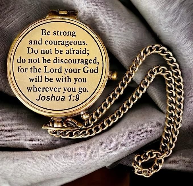 2" Be Strong and Courageous Brass Engraved Compass, Pocket Compass Joshua 1:9,Solid Brass Directional Brass Sundial Compass with Leather Case Baptism Gifts, Gifts for Men Compass,Graduation Day Gifts