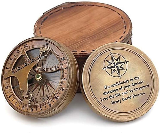 Vintage Handmade Brass Sundial Compass with Leather Case – Inspirational Thoreau Quote Gift for Explorers & Graduates