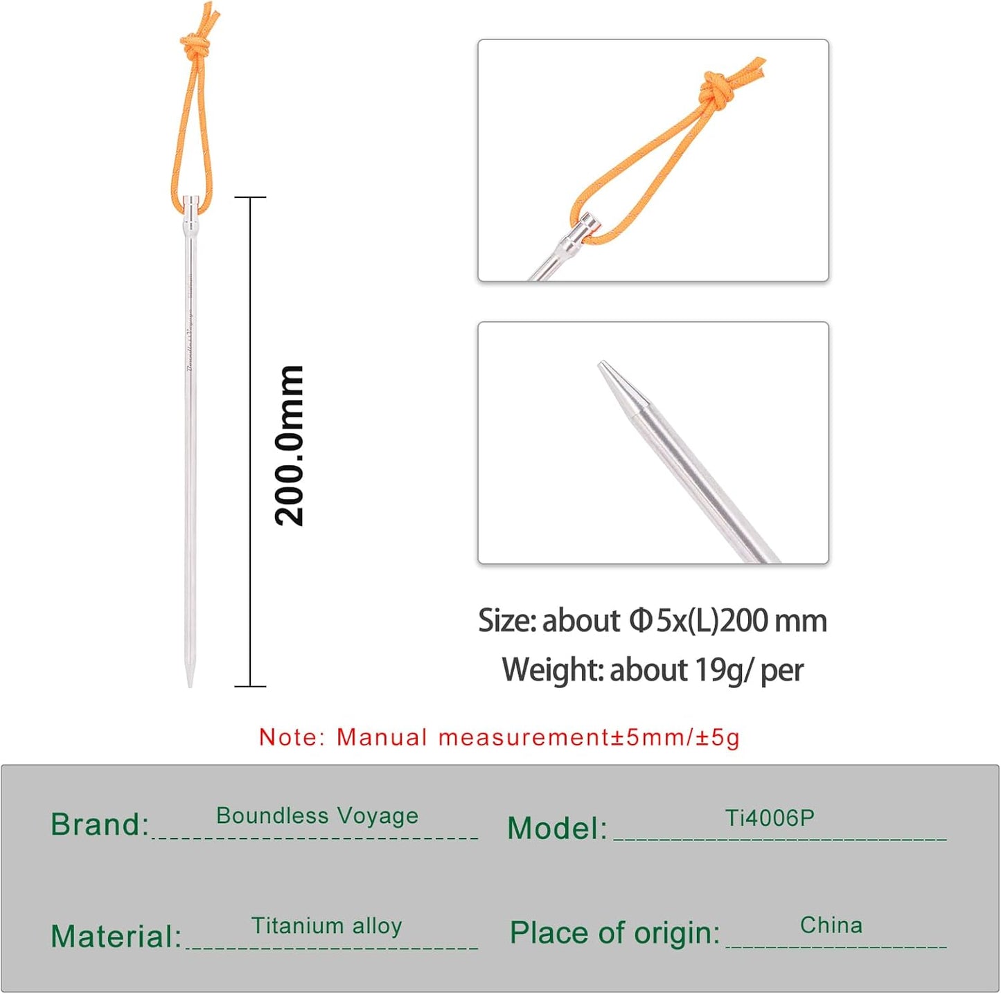 iBasingo 8 Pieces/lot Titanium Alloy Tent Nails Outdoor Camping Tent Stakes Lengthen Tent Pegs 20CM with Rope A-Ti4006P