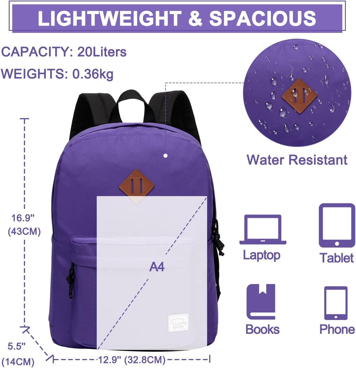 VASCHY Backpacks Handbags, Lavender, M