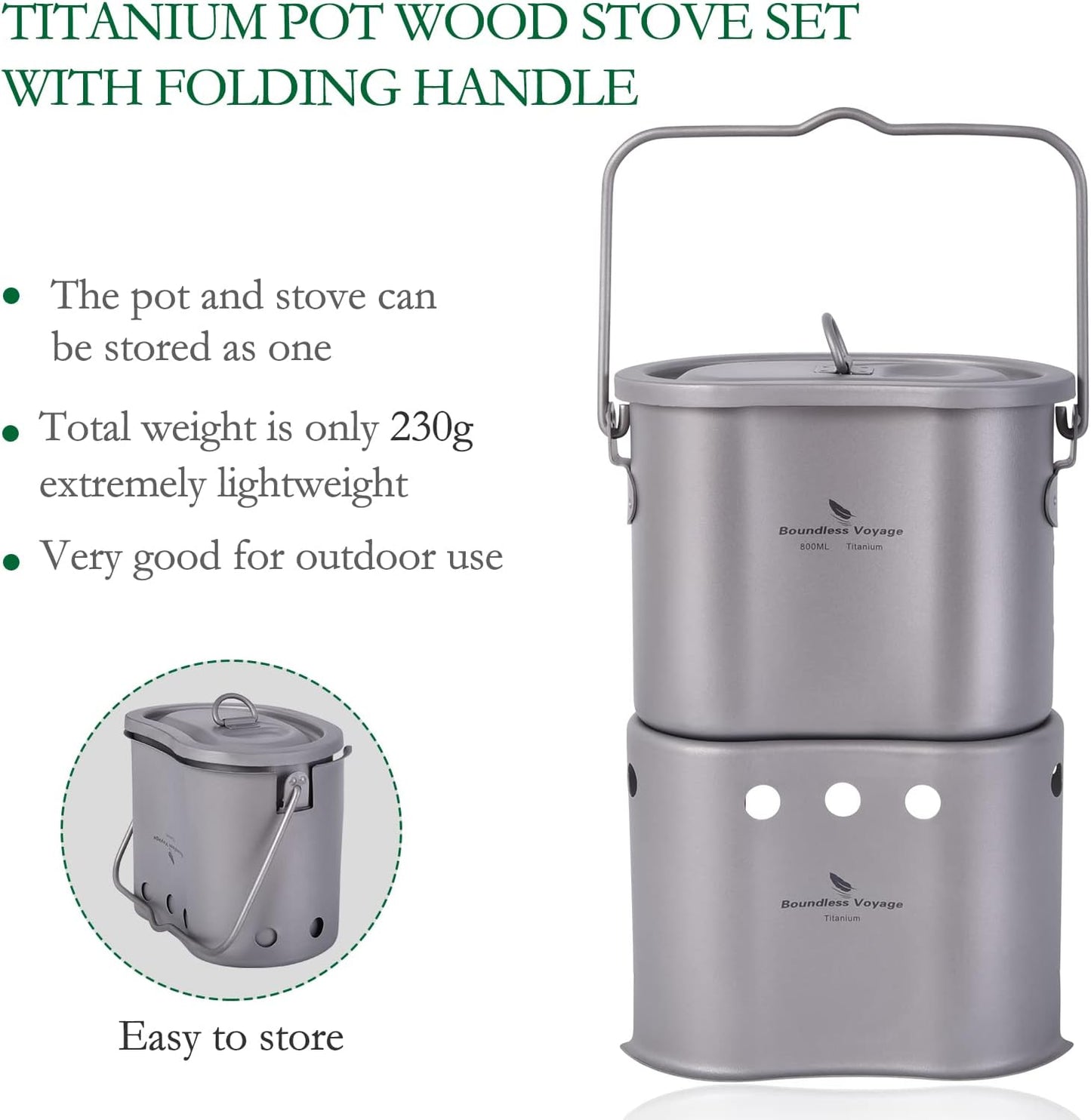 Boundless Voyage Titanium Pot with Wood Stove Set Ultralight Cup Mug with Lid for Outdoor Camping Picnic Hiking Backpacking 800ml/27 fl oz