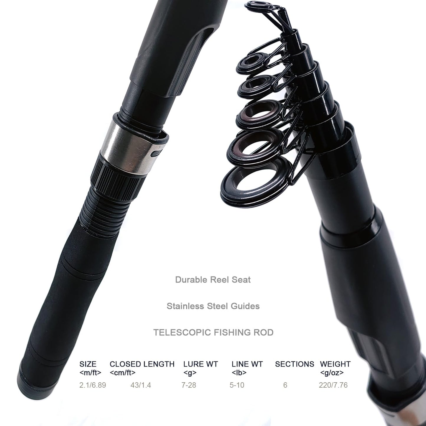 Fishing Rod Reel Combos, 2PCS 2.1m/6.89ft Collapsible Fishing Rods + 2PCS Spinning Reels + Fishing Lines Fishing Lures Carrier Bag, Telescopic Fishing Pole Set Sea Saltwater Freshwater Kit