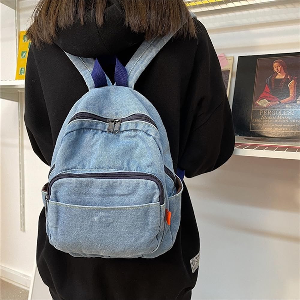 JHTPSLR Small Denim Backpack for Women Vintage Aesthetic Mini Denim Backpack Canvas Backpack Casual Daypack (Light Blue)