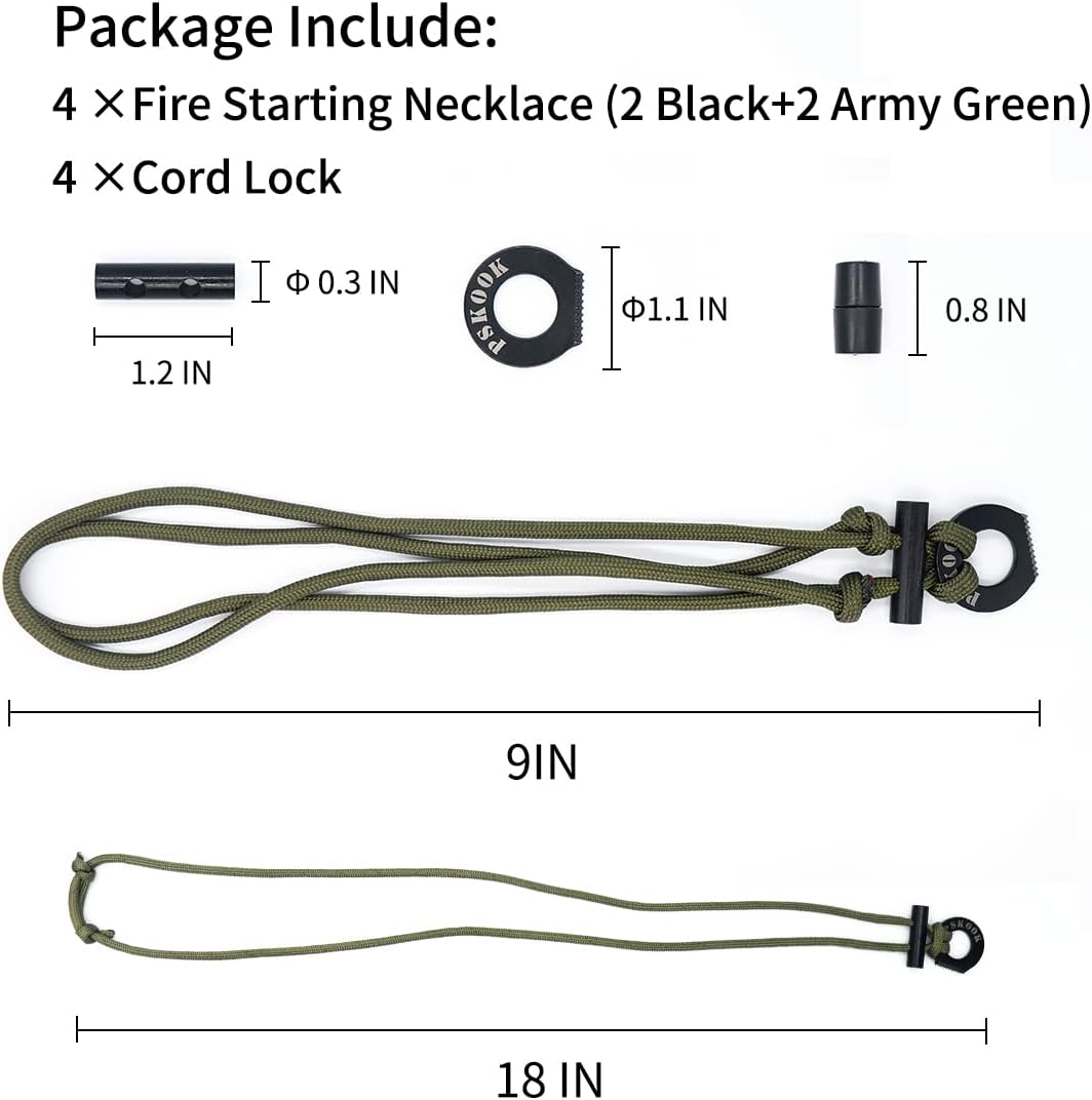 PSKOOK Fire Starter Necklace, Survival Paracord Necklace with Flint and Steel, Bushcraft Necklace for Camping, Hiking and Backpacking