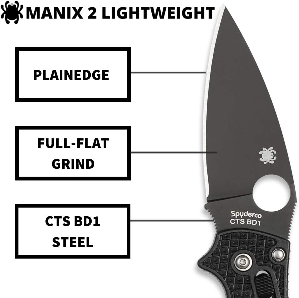 Spyderco Manix 2 Lightweight Signature Knife with 3.37" CTS BD1 Black Steel Blade and Black FRCP Handle - PlainEdge - C101PBBK2