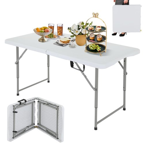GINMAON 4Ft Foldable Table Adjustable Height with Built-in Handle, 4 Foot Heavy Duty Portable Folding Table with Steel Legs for Indoor Outdoor Camping, Parties, Wedding, Picnic, Catering (4ft, White)