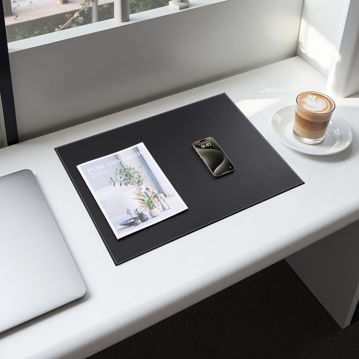 KINGFOM Ultra-Smooth PU Leather Desk Pad & Mat Office Desk Drawing & Writing Board A3/ A4 File Paper Clip Table Protector Mat on Top Large 24''x18'' (Black)