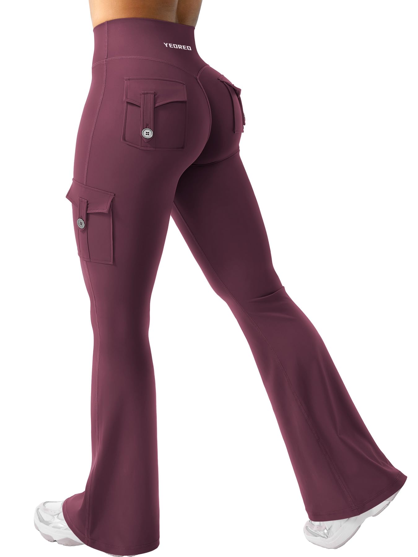 YEOREO CoreFlex Women Workout Flare Leggings with Pockets Hidden Scrunch Cargo Gym Yoga No Front Seam Leggings Black Cherry S