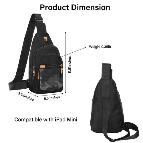 MOSISO Small Sling Backpack Crossbody Sling Bag, Lightweight Hiking Daypack Shoulder Chest Bag with Camouflage Front Pocket, Black