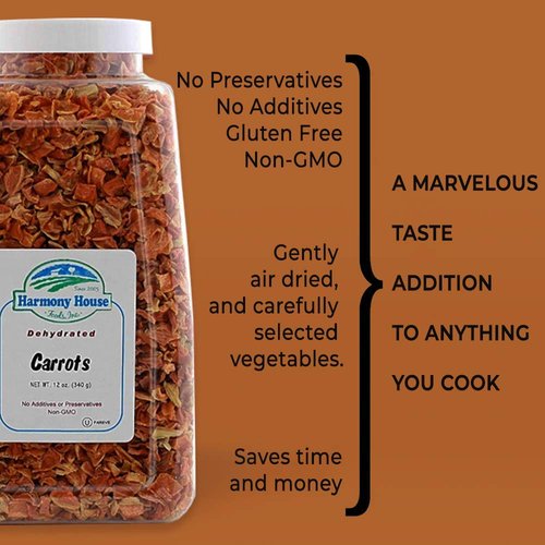Harmony House Foods Dehydrated Diced Carrots - Air Dried Vegetables for Soup and Cooked Dishes, Great for Camping, Survival, and Backpacking, 15 Ounce Jar