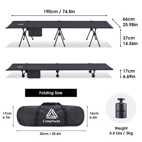 YOUGYM CAMPNACHT Ultralight Camping Cot with Leg Extenders, Aluminum Lightweight Folding Cot for Adults, Portable Backpacking Compact Tent Cot for Outdoor, Hiking, 1 Pack with 2 Use Modes, Black