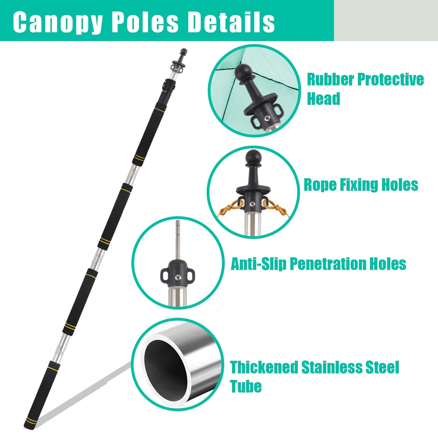 Frebuta Tarp Poles,Tent Poles Set of 2 2ft to 9.5ft Replacement Canopy Poles Heavy Duty Telescoping Tent Poles for Tarp Outdoor Camping Awning Poles Adjustable Sturdy Durable Shade Cloth Poles