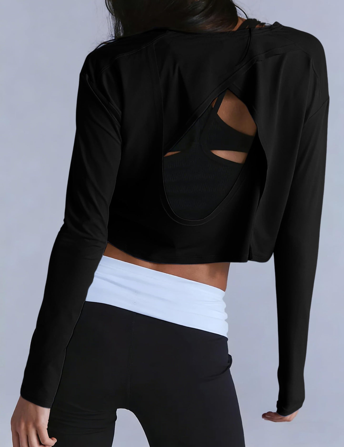 Lviefent Womens Open Back Workout Tops Long Sleeve Cropped Athletic Shirts Blouse Layer Gym Sportswear (Black-M)