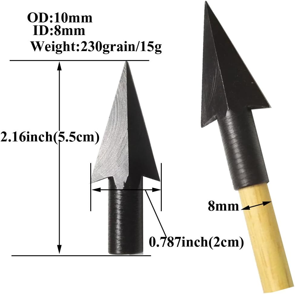 AMEYXGS 6/12pcs 8mm Diameter Metal Traditional Broadheads Archery Glue on Arrowheads for Wooden Bamboo Arrows