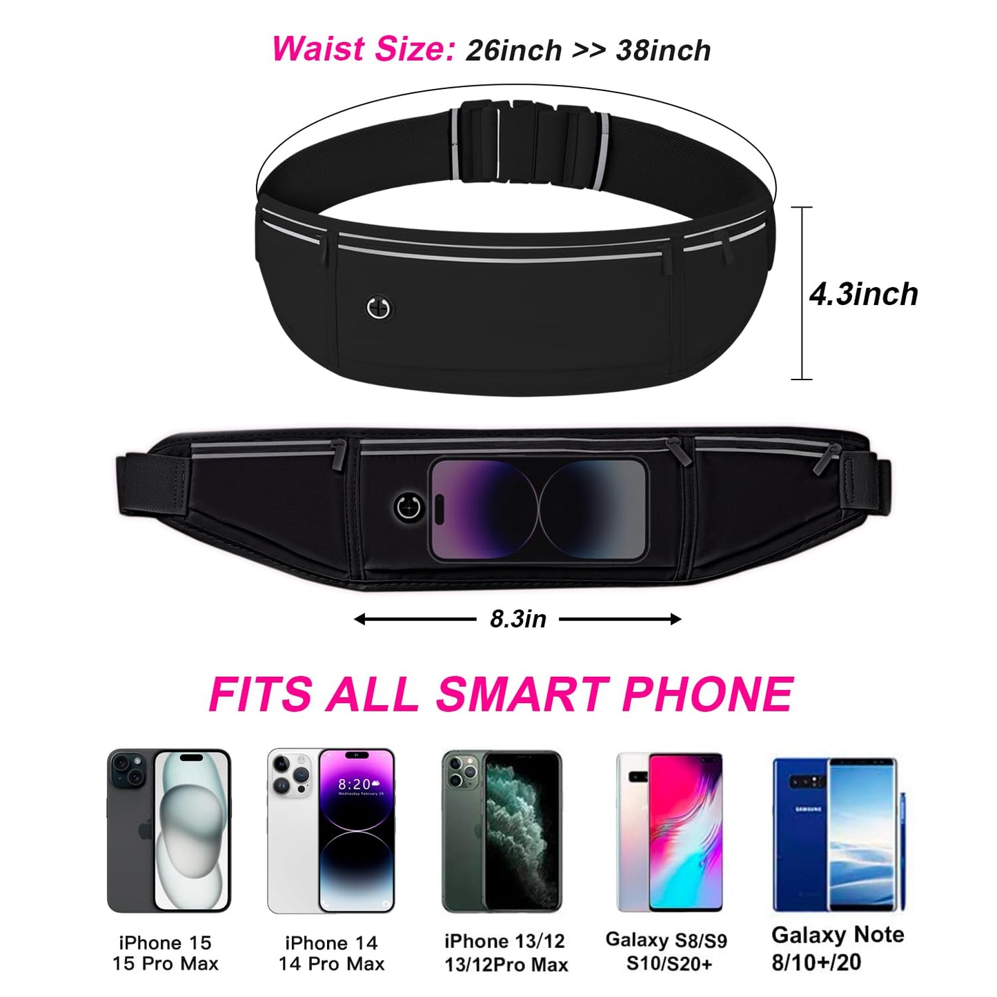 JUCURRI Slim Running Belt for Women Men,Runners Fanny Pack Phone Holder,Money Belt,Running Gear Accessories,with 3 Pockets(Black)