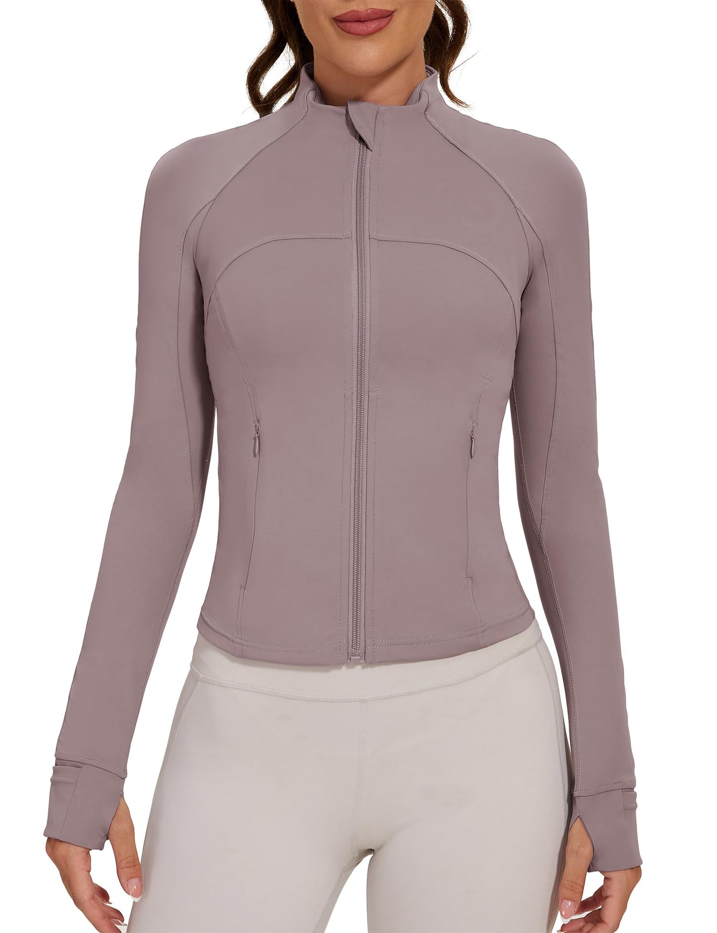 Athletic Running Track Jacket for Women Lightweight Long Sleeves Full Zip jacket with Thumb Holes Cropped Tops Gray Purple XS