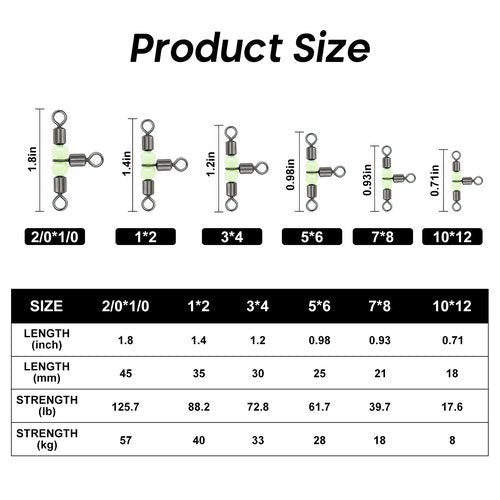 Goture Fishing Swivels,3 Way Swivels Fishing Tackle,T Shape Cross Line Rolling Swivels with Luminous Beads Saltwater Freshwater,Three Way Fishing Swivels Barrel Swivels for Catfish Rig(1 * 2,30pcs)