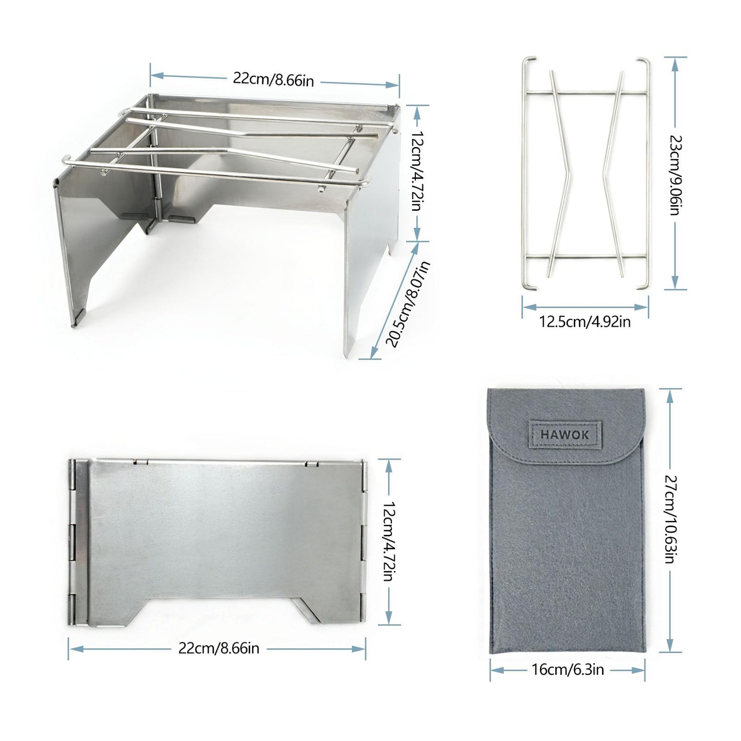 HAWOK Folding Outdoor Stove Stainless Steel with Stainless Steel Grill and Carrying Bag, 8.7"D x 8"W x 4.7"H, Portable Wood Burning Stainless Steel Grill